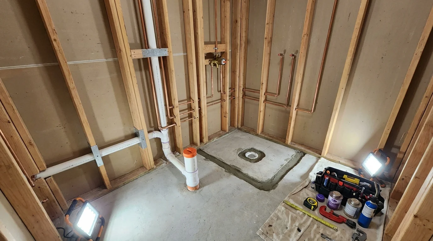 Bathroom rough-in plumbing during remodel by Johns Plumbing LLC in Bridgeview